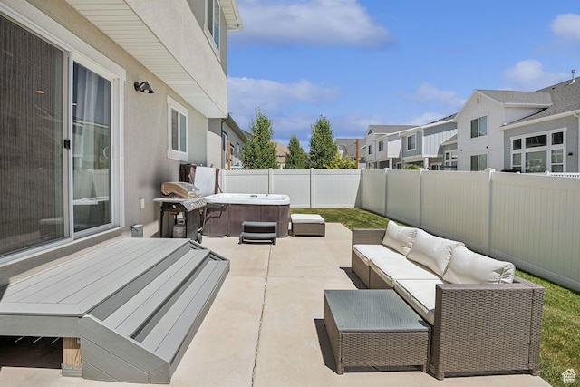 9634 N Red Bridge Rd, Eagle Mountain, UT 84005 - fenced backyard with a hot tub, a patio area, a residential view, an outdoor hangout area, and grilling area