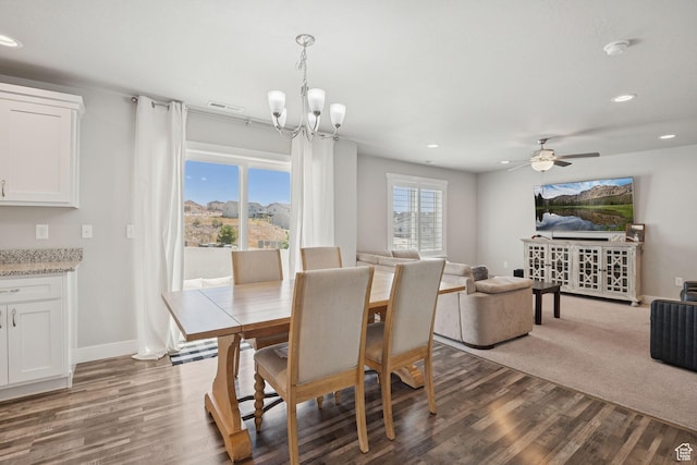 9634 N Red Bridge Rd, Eagle Mountain, UT 84005 - dining room with dark wood-style floors, a chandelier, recessed lighting, and a ceiling fan
