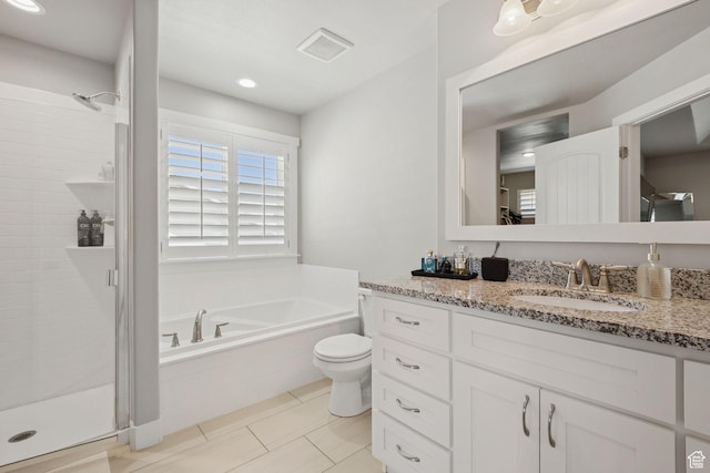 9634 N Red Bridge Rd, Eagle Mountain, UT 84005 - full bath featuring vanity, a bath, a stall shower, tile patterned floors, and recessed lighting