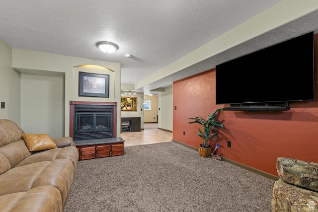 2256 W 1680 N, Clinton, UT 84015 - carpeted living area with a glass covered fireplace and a textured ceiling