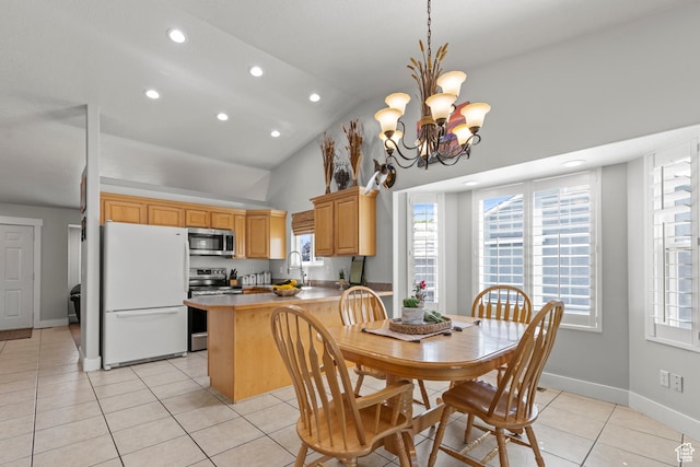 2256 W 1680 N, Clinton, UT 84015 - dining room with light tile patterned floors, high vaulted ceiling, recessed lighting, and a chandelier