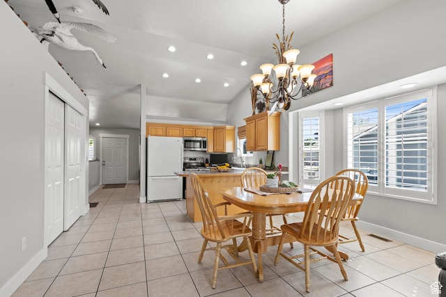 2256 W 1680 N, Clinton, UT 84015 - dining room featuring recessed lighting, light tile patterned floors, a chandelier, healthy amount of natural light, and high vaulted ceiling