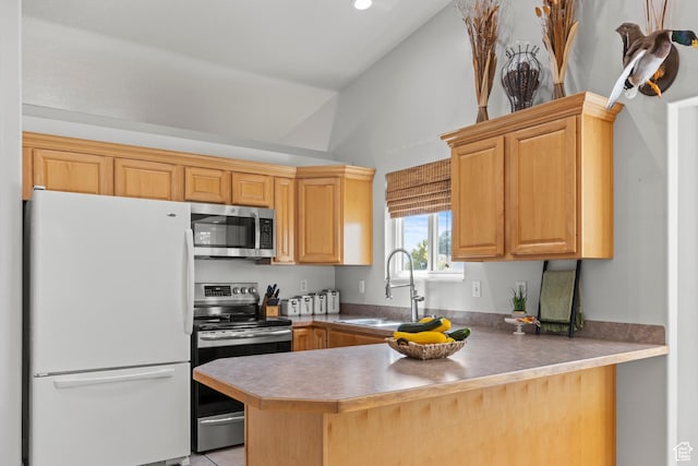 2256 W 1680 N, Clinton, UT 84015 - kitchen with appliances with stainless steel finishes, a peninsula, and vaulted ceiling