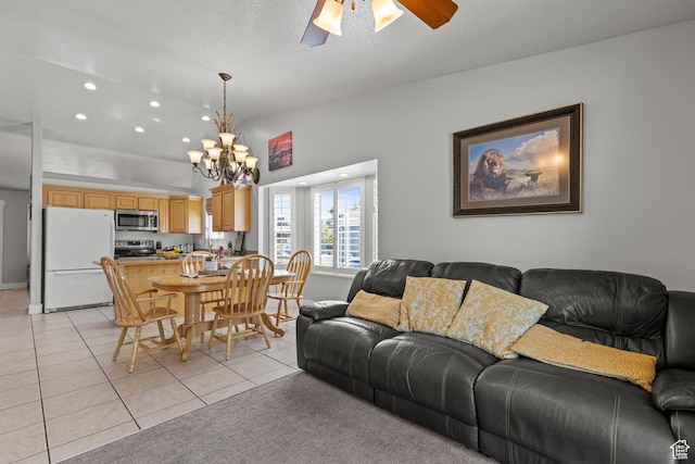 2256 W 1680 N, Clinton, UT 84015 - living room featuring a chandelier, light tile patterned flooring, a ceiling fan, recessed lighting, and lofted ceiling