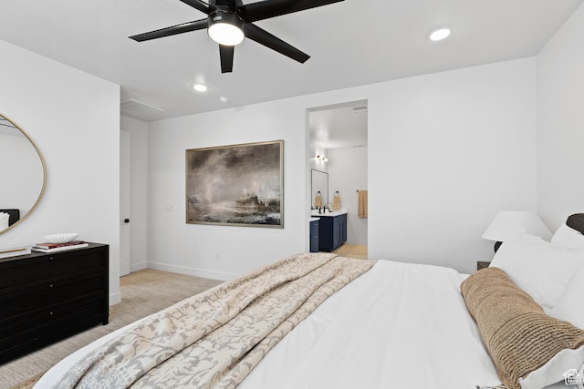 3353 W Bonita Unit 23, Hurricane, UT 84737 - bedroom featuring light carpet, recessed lighting, a ceiling fan, and ensuite bathroom