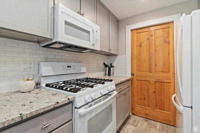6641 N 2200 W Unit A107, Park City, UT 84098 - kitchen featuring white appliances, gray cabinets, light wood-style flooring, and backsplash