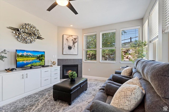 6641 N 2200 W Unit A107, Park City, UT 84098 - living room with a ceiling fan, a tile fireplace, wood finished floors, and recessed lighting