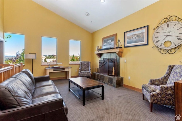 6641 N 2200 W Unit A107, Park City, UT 84098 - living area with carpet, vaulted ceiling, and a fireplace