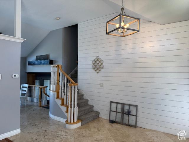 421 S 755 E, Layton, UT 84041 - stairs with lofted ceiling and a chandelier