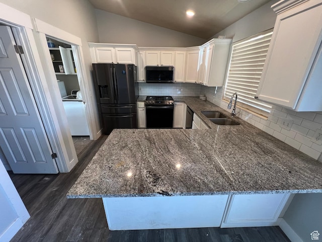362 W 1800 S, Clearfield, UT 84015 - kitchen featuring black refrigerator with ice dispenser, stainless steel range with gas cooktop, dark stone counters, lofted ceiling, and white cabinetry