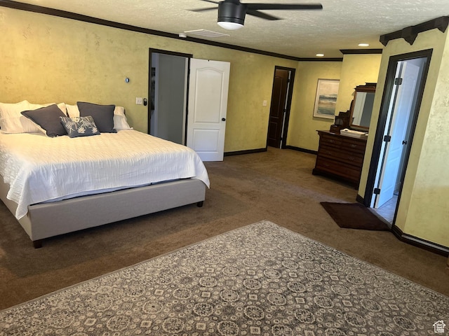 2537 S Taylor Ave E, Ogden, UT 84401 - bedroom featuring carpet flooring, a textured ceiling, ornamental molding, ceiling fan, and recessed lighting