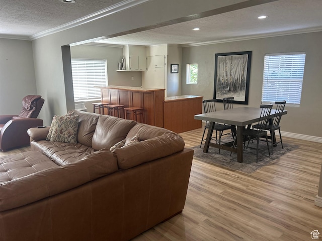 2537 S Taylor Ave E, Ogden, UT 84401 - living room featuring crown molding, light wood finished floors, a textured ceiling, healthy amount of natural light, and recessed lighting