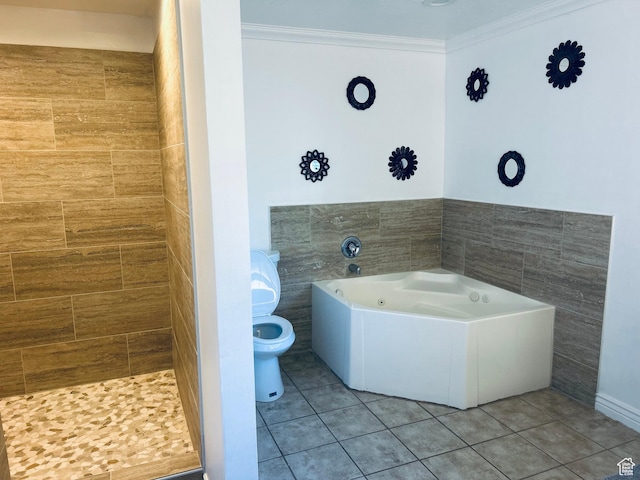 2537 S Taylor Ave E, Ogden, UT 84401 - bathroom with a garden tub, tile patterned flooring, ornamental molding, tile walls, and a tile shower
