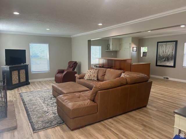 2537 S Taylor Ave E, Ogden, UT 84401 - living room with crown molding, a textured ceiling, light wood-style floors, recessed lighting, and bar