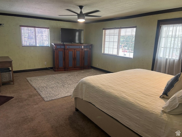 2537 S Taylor Ave E, Ogden, UT 84401 - bedroom featuring a textured ceiling, carpet floors, a textured wall, crown molding, and a ceiling fan