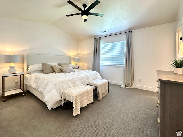 214 W Whitewater Dr, Vineyard, UT 84059 - bedroom with vaulted ceiling, dark colored carpet, and ceiling fan