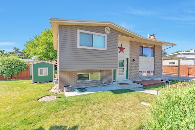 1241 W 4505 S, Taylorsville, UT 84123 - rear view of property featuring a shed, brick siding, a patio, and a chimney