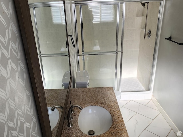 747 W 1580 N, Clinton, UT 84015 - bathroom with vanity, marble look tile flooring, and a shower stall