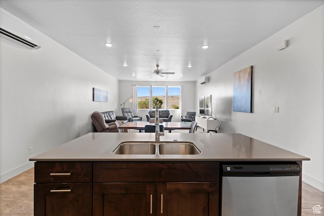 5160 W Villas N Dr N Unit 6-102, Hurricane, UT 84737 - kitchen featuring dishwasher, a wall mounted AC, open floor plan, dark brown cabinets, and a ceiling fan