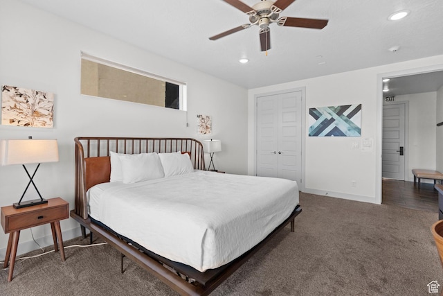 5160 W Villas N Dr N Unit 6-102, Hurricane, UT 84737 - bedroom with carpet flooring, recessed lighting, a closet, and a ceiling fan
