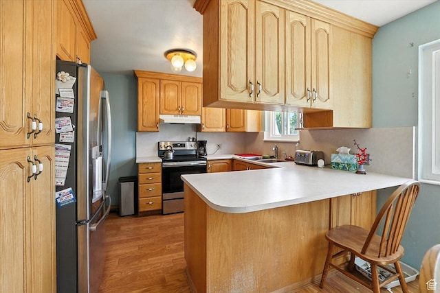 735 E 100 S, Hyrum, UT 84319 - kitchen featuring appliances with stainless steel finishes, under cabinet range hood, a peninsula, light wood-type flooring, and light countertops