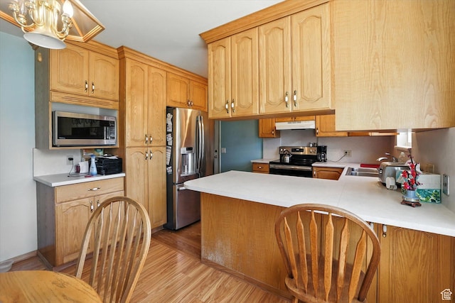 735 E 100 S, Hyrum, UT 84319 - kitchen featuring appliances with stainless steel finishes, under cabinet range hood, light wood-style flooring, a peninsula, and light countertops