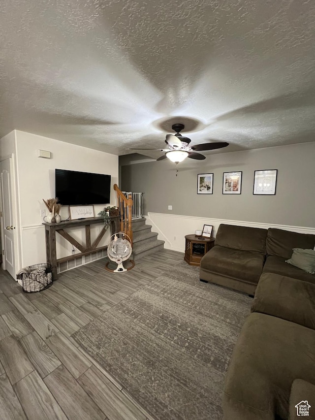 798 W Norway Maple Ct, Payson, UT 84651 - living room featuring ceiling fan, a textured ceiling, stairway, and wood finished floors