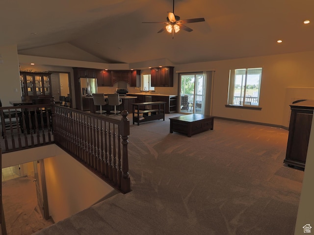 5160 W 5725 S, Hooper, UT 84315 - living room featuring lofted ceiling, carpet flooring, a ceiling fan, and recessed lighting