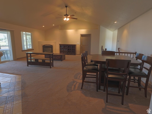 5160 W 5725 S, Hooper, UT 84315 - dining space with carpet, lofted ceiling, a fireplace, and a ceiling fan