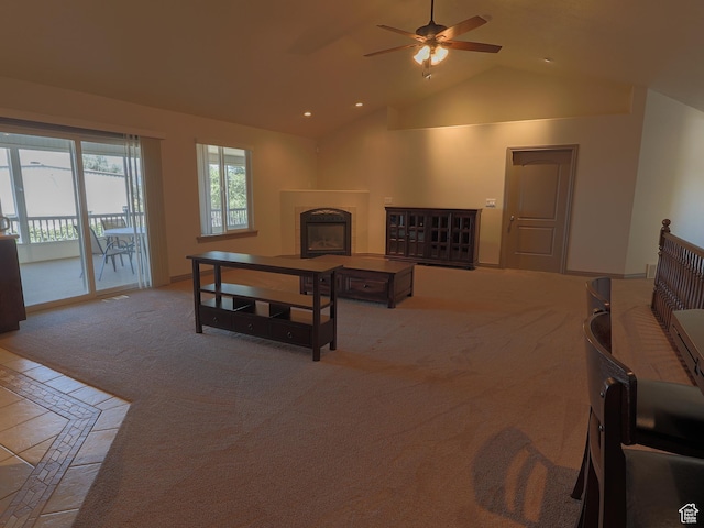 5160 W 5725 S, Hooper, UT 84315 - living room with carpet, a fireplace, lofted ceiling, ceiling fan, and recessed lighting