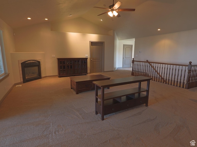 5160 W 5725 S, Hooper, UT 84315 - living room featuring carpet flooring, a ceiling fan, high vaulted ceiling, a tile fireplace, and recessed lighting