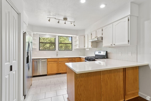235 E 7615 S, Midvale, UT 84047 - kitchen featuring appliances with stainless steel finishes, under cabinet range hood, open shelves, a peninsula, and backsplash