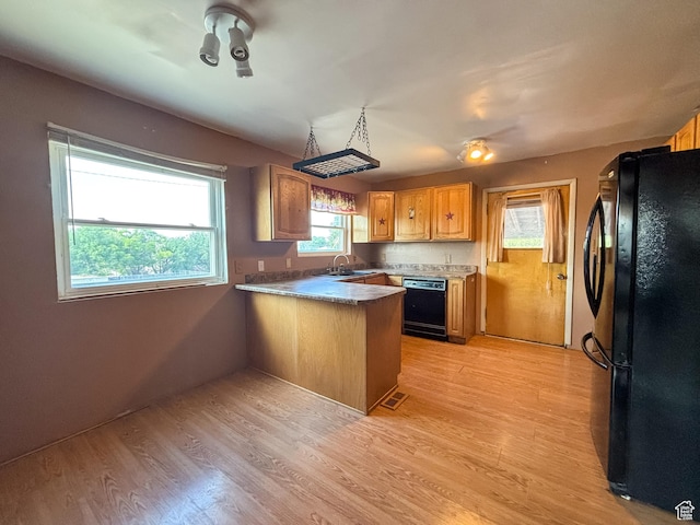 215 N Center St, Castle Dale, UT 84513 - kitchen featuring a peninsula, black appliances, and light wood-style flooring