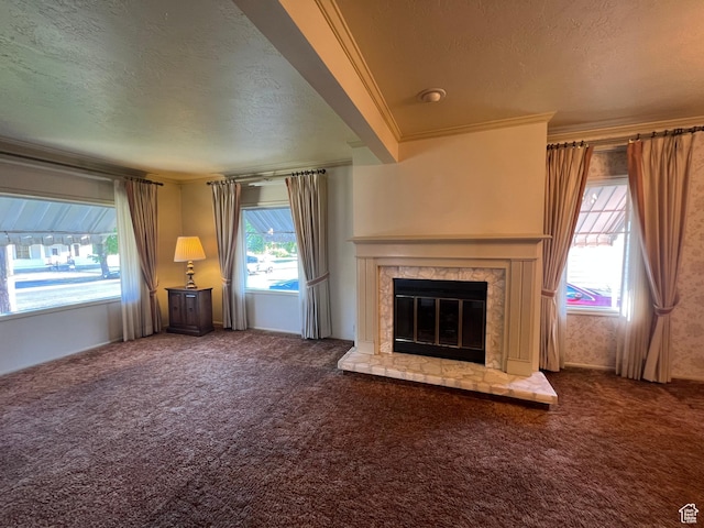 531 E 100 S, Logan, UT 84321 - unfurnished living room featuring a textured ceiling, carpet floors, a fireplace, and ornamental molding