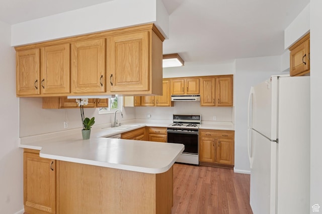 784 E 2150 S, Bountiful, UT 84010 - kitchen featuring white appliances, a peninsula, light countertops, light wood-style floors, and under cabinet range hood