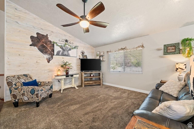 1458 N 2400 W, Clinton, UT 84015 - living room featuring wood walls, ceiling fan, carpet, a textured ceiling, and high vaulted ceiling