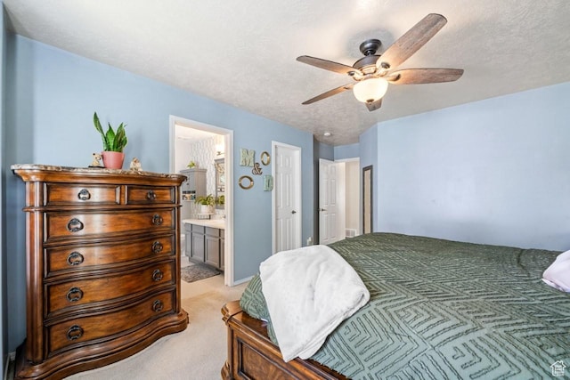 1458 N 2400 W, Clinton, UT 84015 - bedroom with light colored carpet, ensuite bath, a textured ceiling, and ceiling fan