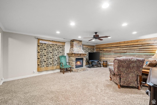 1458 N 2400 W, Clinton, UT 84015 - living area with carpet floors, recessed lighting, ceiling fan, crown molding, and a stone fireplace