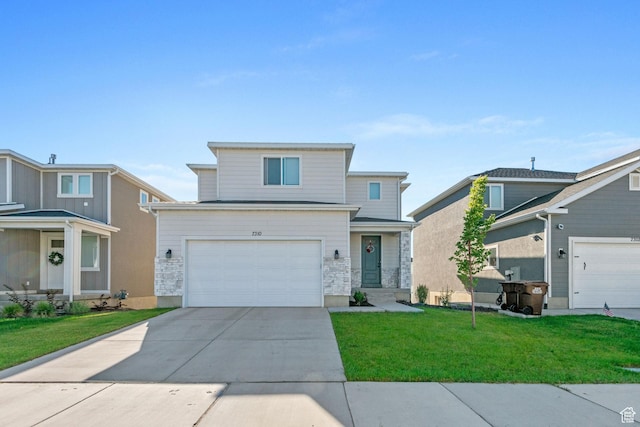7310 N Green Pasture Ln, Eagle Mountain, UT 84005 - traditional-style home with concrete driveway, stone siding, a front yard, and an attached garage