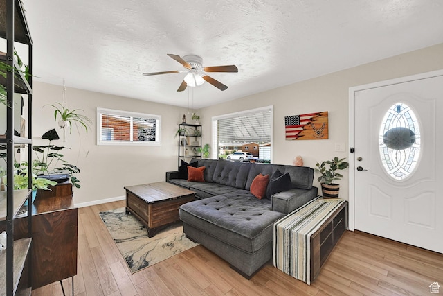 1634 N 350 W, Sunset, UT 84015 - living area with a ceiling fan, light wood finished floors, healthy amount of natural light, and a textured ceiling