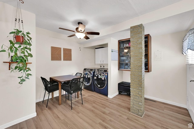 1634 N 350 W, Sunset, UT 84015 - dining area featuring washer and clothes dryer, light wood-style floors, a ceiling fan, and decorative columns