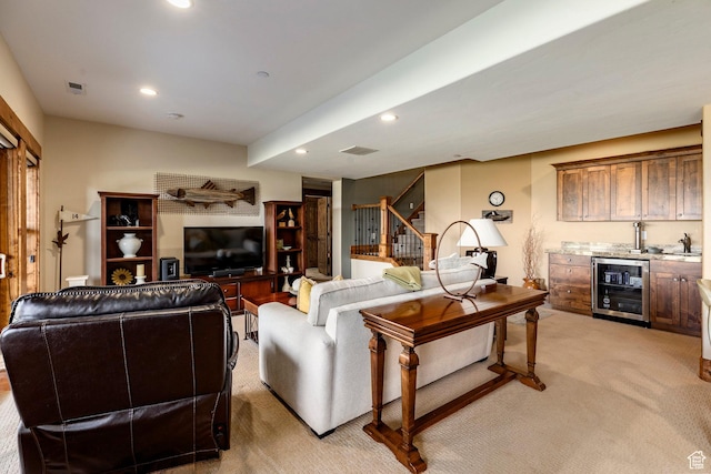 1658 E Viewside Cir, Hideout, UT 84036 - living room with light carpet, wet bar, wine cooler, recessed lighting, and stairs