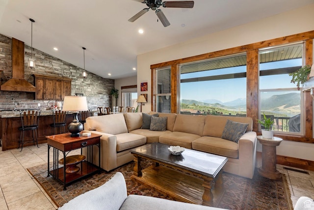 1658 E Viewside Cir, Hideout, UT 84036 - living room with healthy amount of natural light, lofted ceiling, a ceiling fan, recessed lighting, and a mountain view