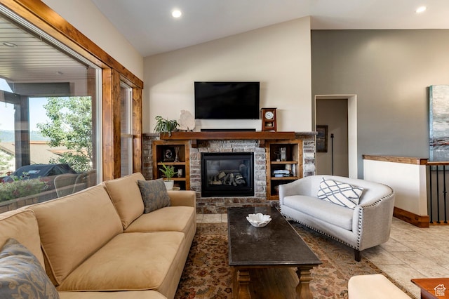 1658 E Viewside Cir, Hideout, UT 84036 - living area featuring vaulted ceiling, a stone fireplace, and recessed lighting