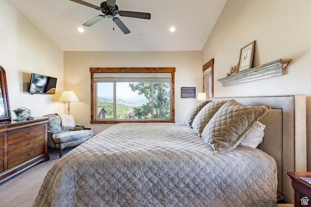 1658 E Viewside Cir, Hideout, UT 84036 - bedroom featuring vaulted ceiling, carpet flooring, recessed lighting, and a ceiling fan