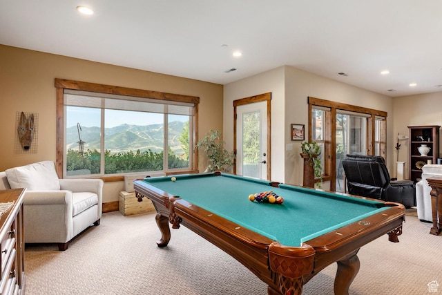 1658 E Viewside Cir, Hideout, UT 84036 - recreation room featuring light carpet, pool table, recessed lighting, and a mountain view