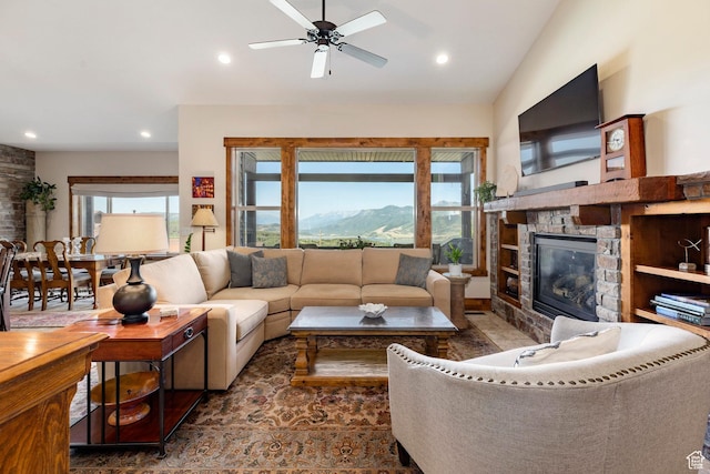 1658 E Viewside Cir, Hideout, UT 84036 - living room featuring a fireplace, ceiling fan, and recessed lighting