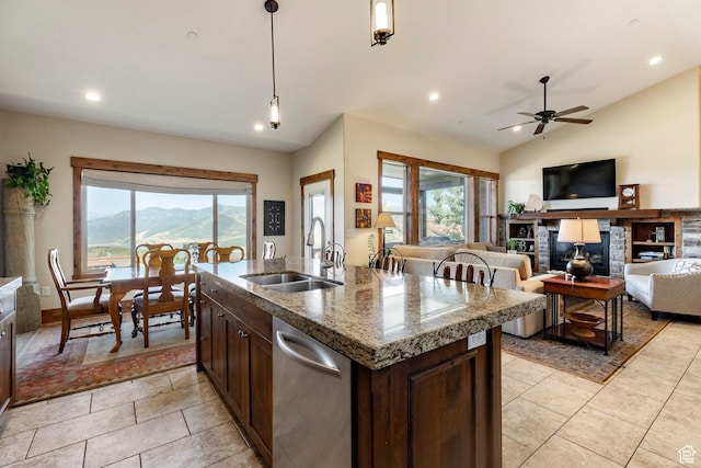 1658 E Viewside Cir, Hideout, UT 84036 - kitchen featuring dishwasher, plenty of natural light, light tile patterned flooring, recessed lighting, and lofted ceiling