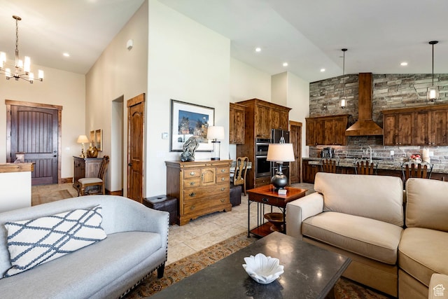 1658 E Viewside Cir, Hideout, UT 84036 - living room with high vaulted ceiling, a chandelier, and recessed lighting