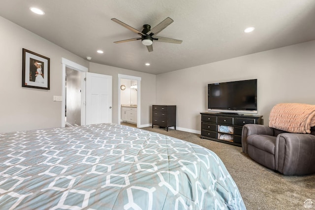 3973 E Eagle Top Ct, Eagle Mountain, UT 84005 - carpeted bedroom featuring recessed lighting, connected bathroom, and ceiling fan